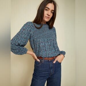 Nation LTD Marion Babydoll Tee Womens Small Floral Print Smocked Shirt